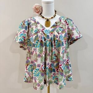 Haute Hippie Tropical Bird Flutter Sleeve Boho Peasant Top Cottagecore Size L
